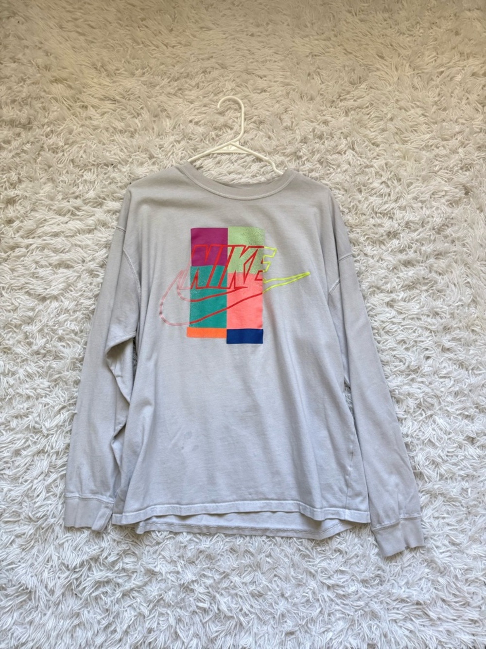 Nike Light Gray Long Sleeve Tee with Neon Colorblock Logo